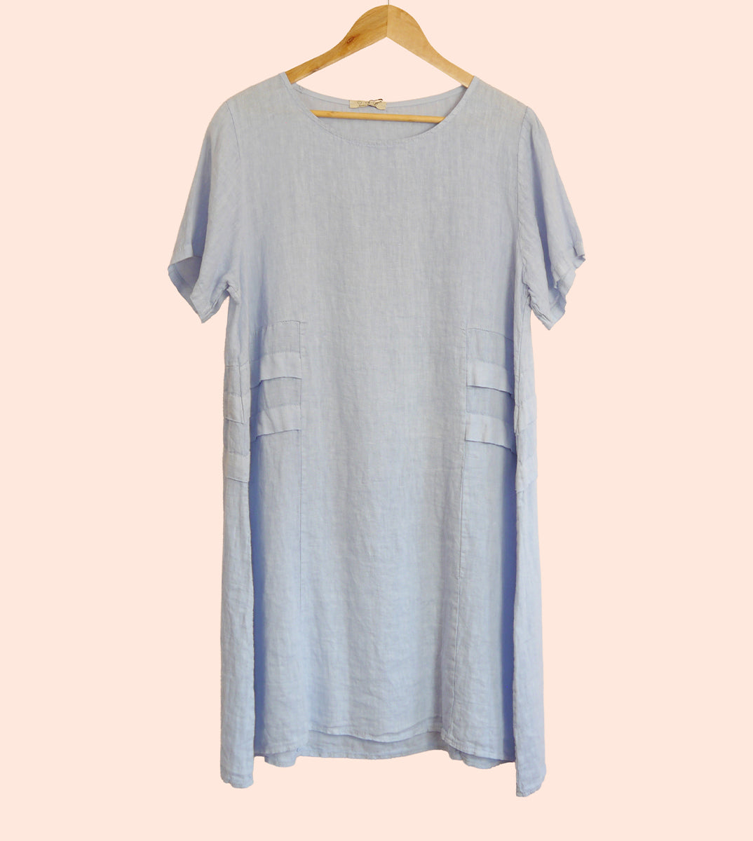 Short Sleeve Linen Knee Length-Midi Dress with Side Details in Sky