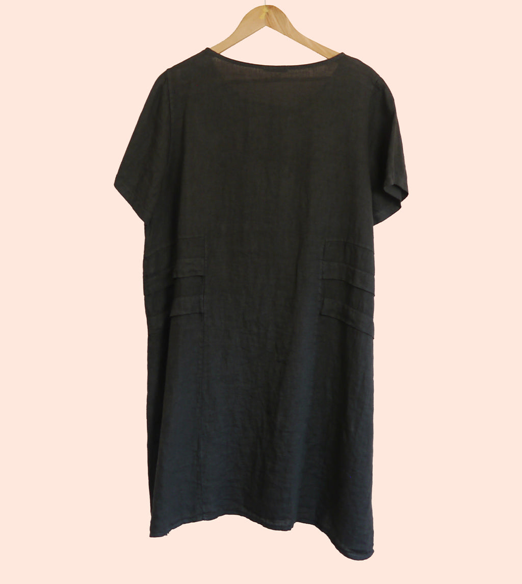 Short Sleeve Linen Knee Length-Midi Dress with Side Details in Soot