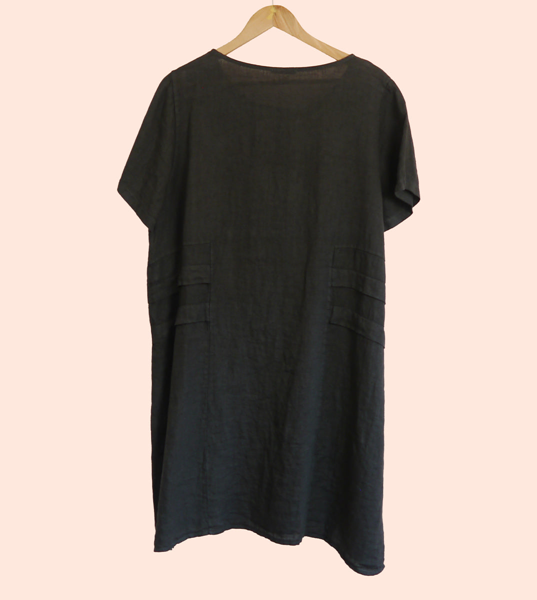 Short Sleeve Linen Knee Length-Midi Dress with Side Details in Soot