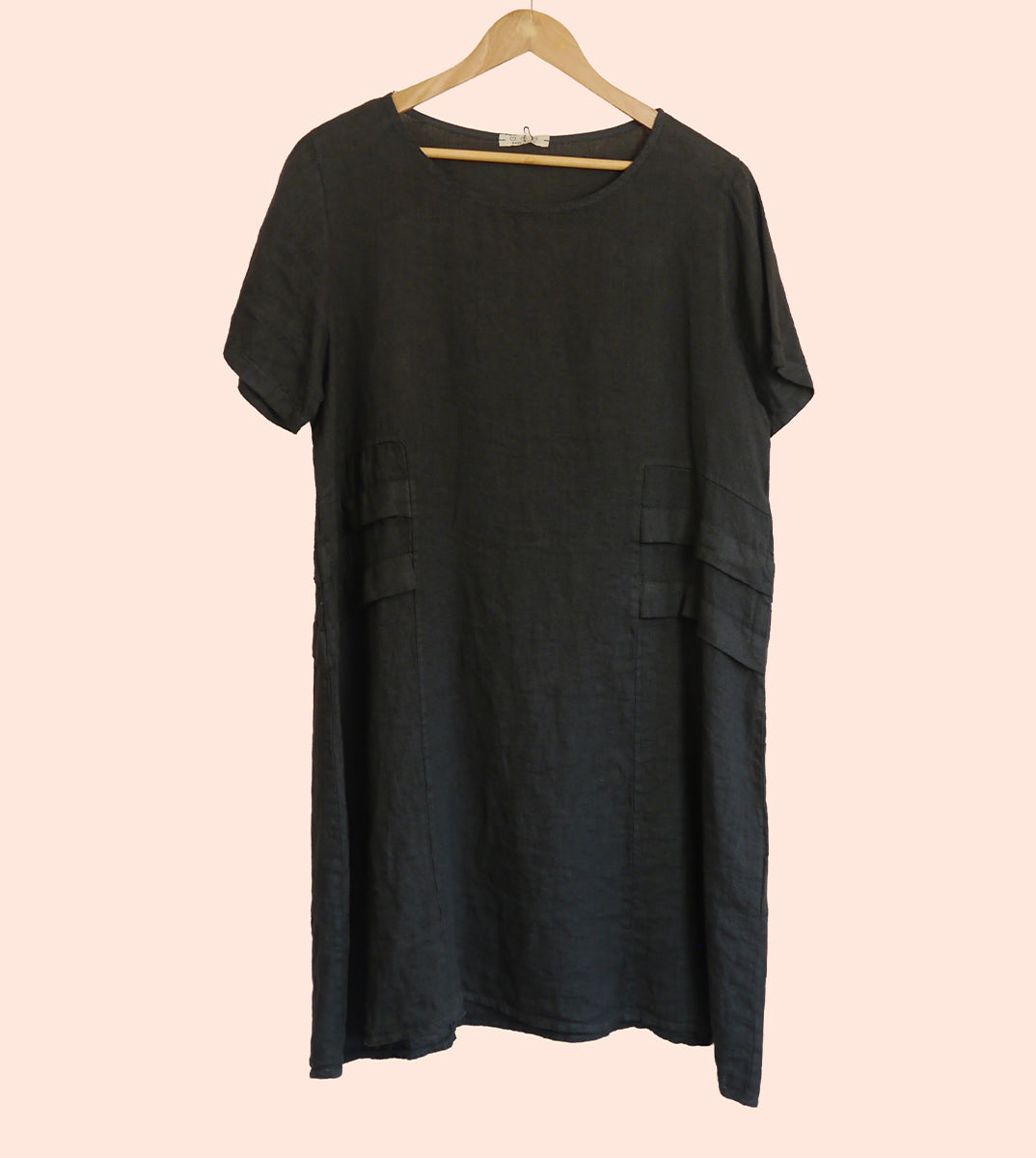 Short Sleeve Linen Knee Length-Midi Dress with Side Details in Soot