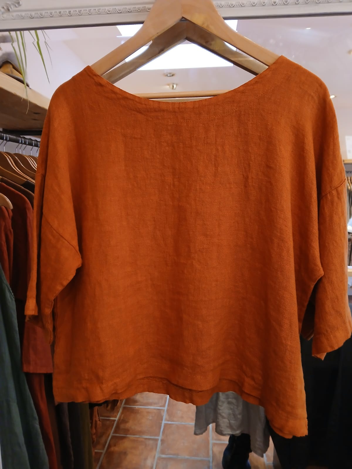 Linen 3/4 Sleeve Boxy Top in Rust