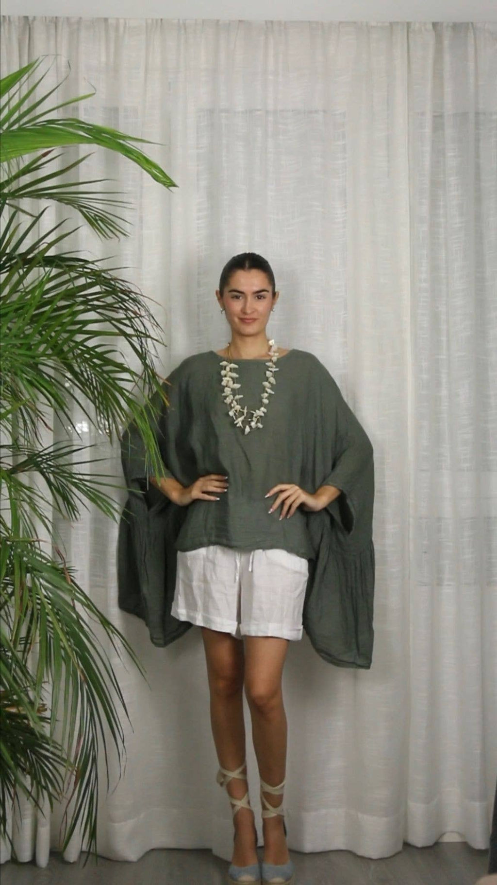 3/4 Sleeve Linen Batwing Oversized Drape Top in Lichen Khaki Green
