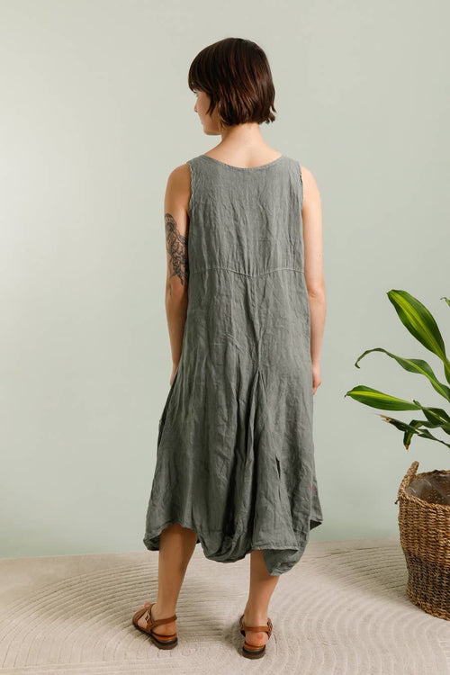 Linen Sleeveless Midi Dress in Lichen