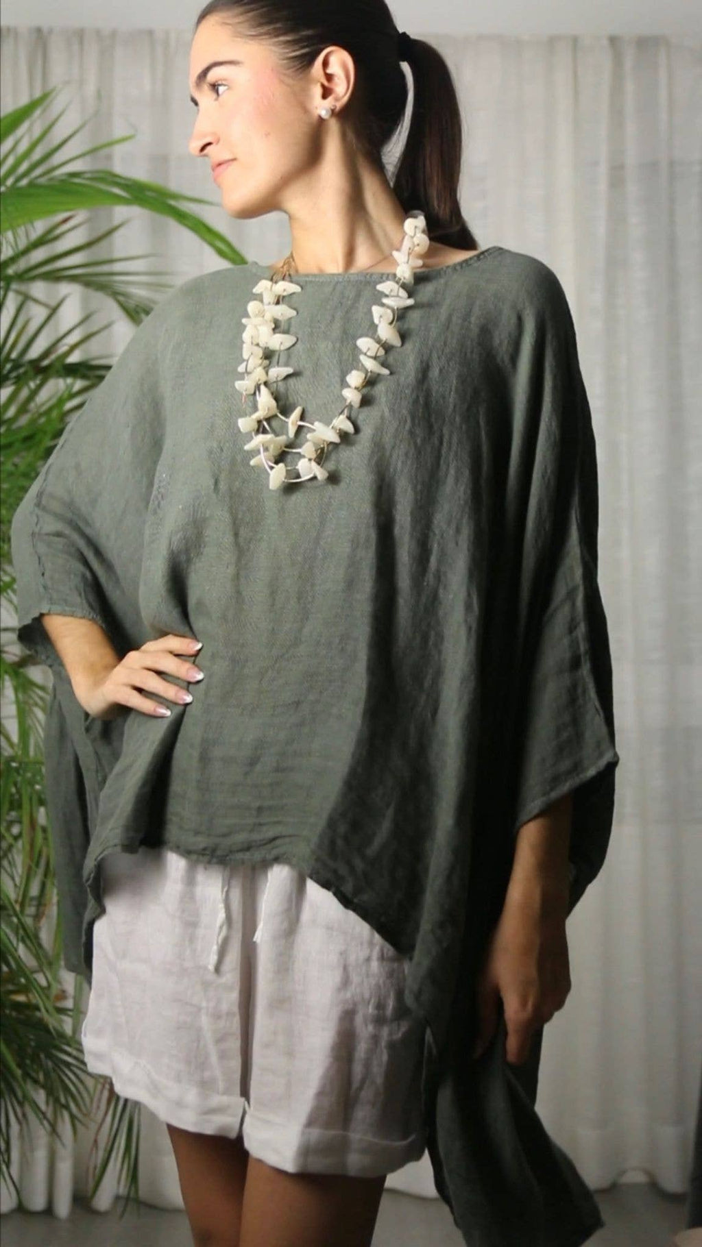 3/4 Sleeve Linen Batwing Oversized Drape Top in Lichen Khaki Green