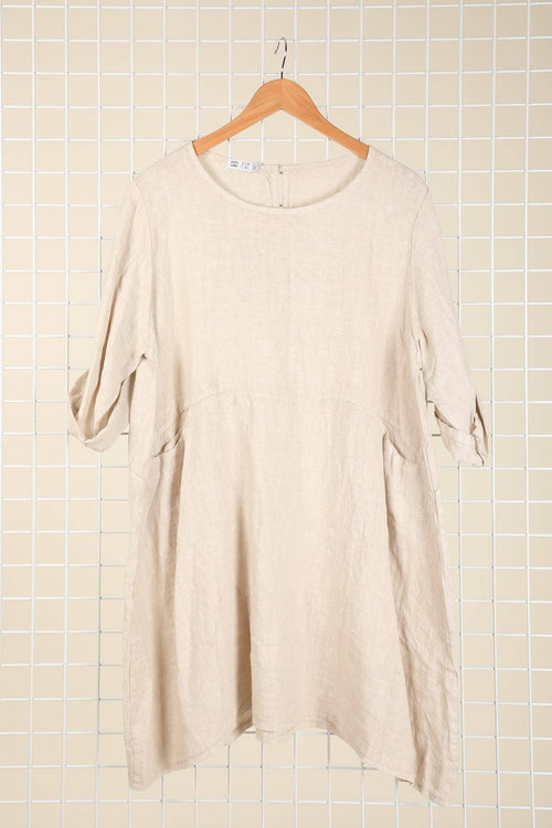 Short Linen Dress with Pockets in Stone