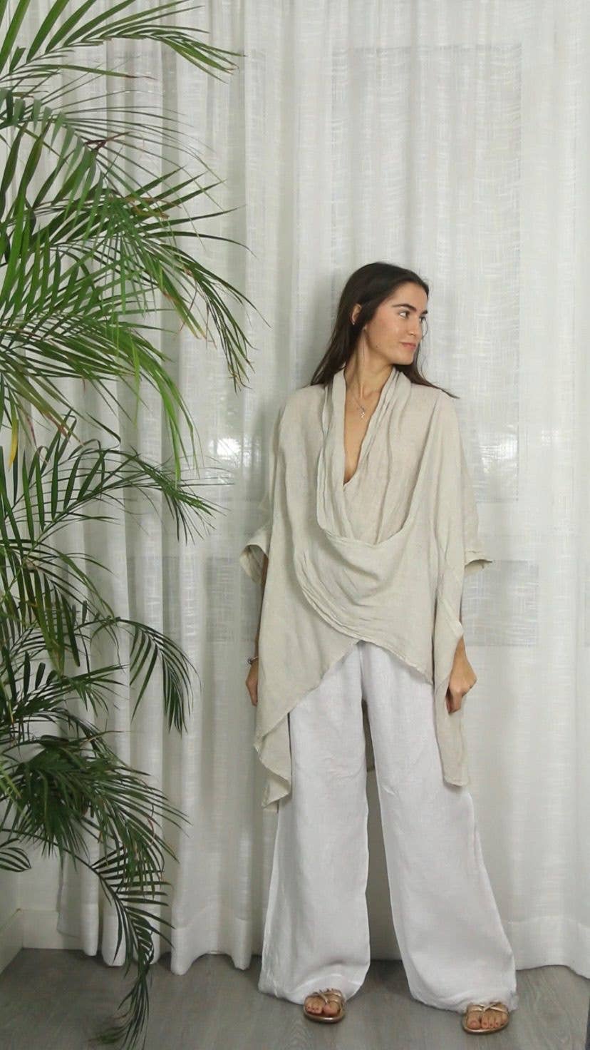 Linen Drape Wrap Top in Bark Brown