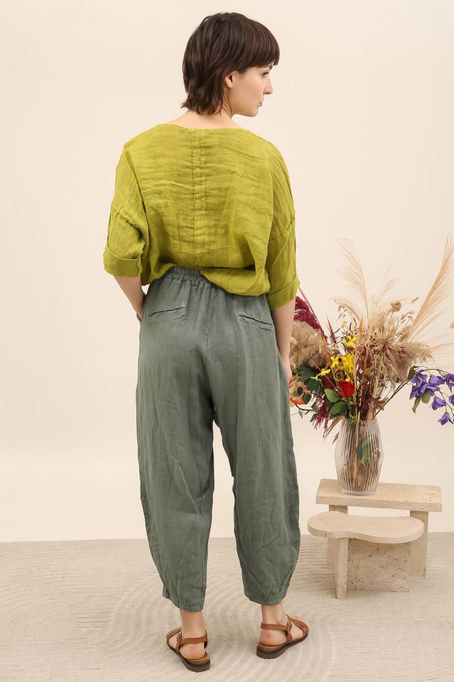 Linen Barrel Leg Trousers in Sage Green