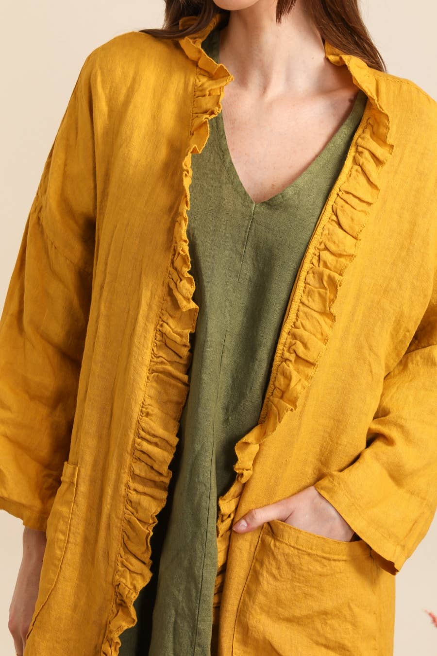 Long Linen Ruffle Hem Jacket in Cornflower