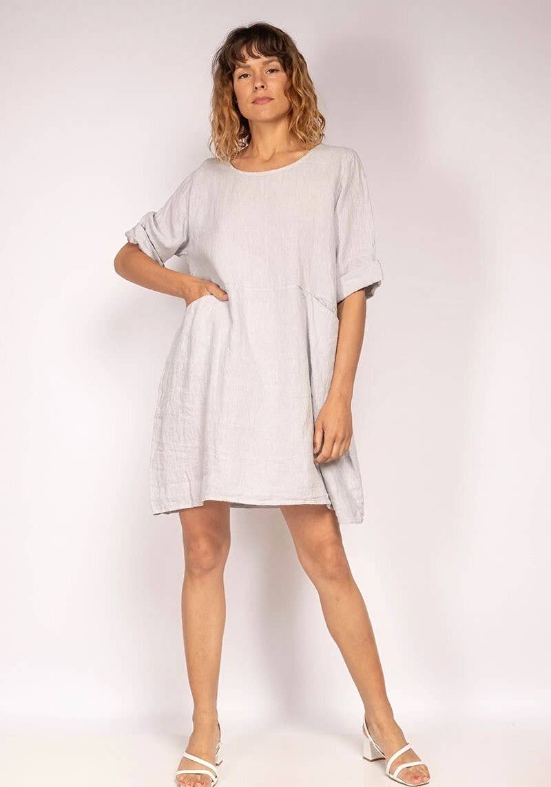 Short Linen Dress with Pockets in Stone