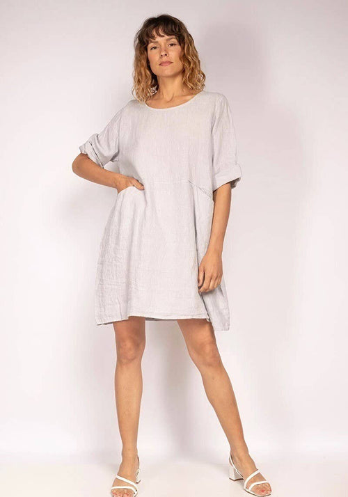 Short Linen Dress with Pockets in Stone