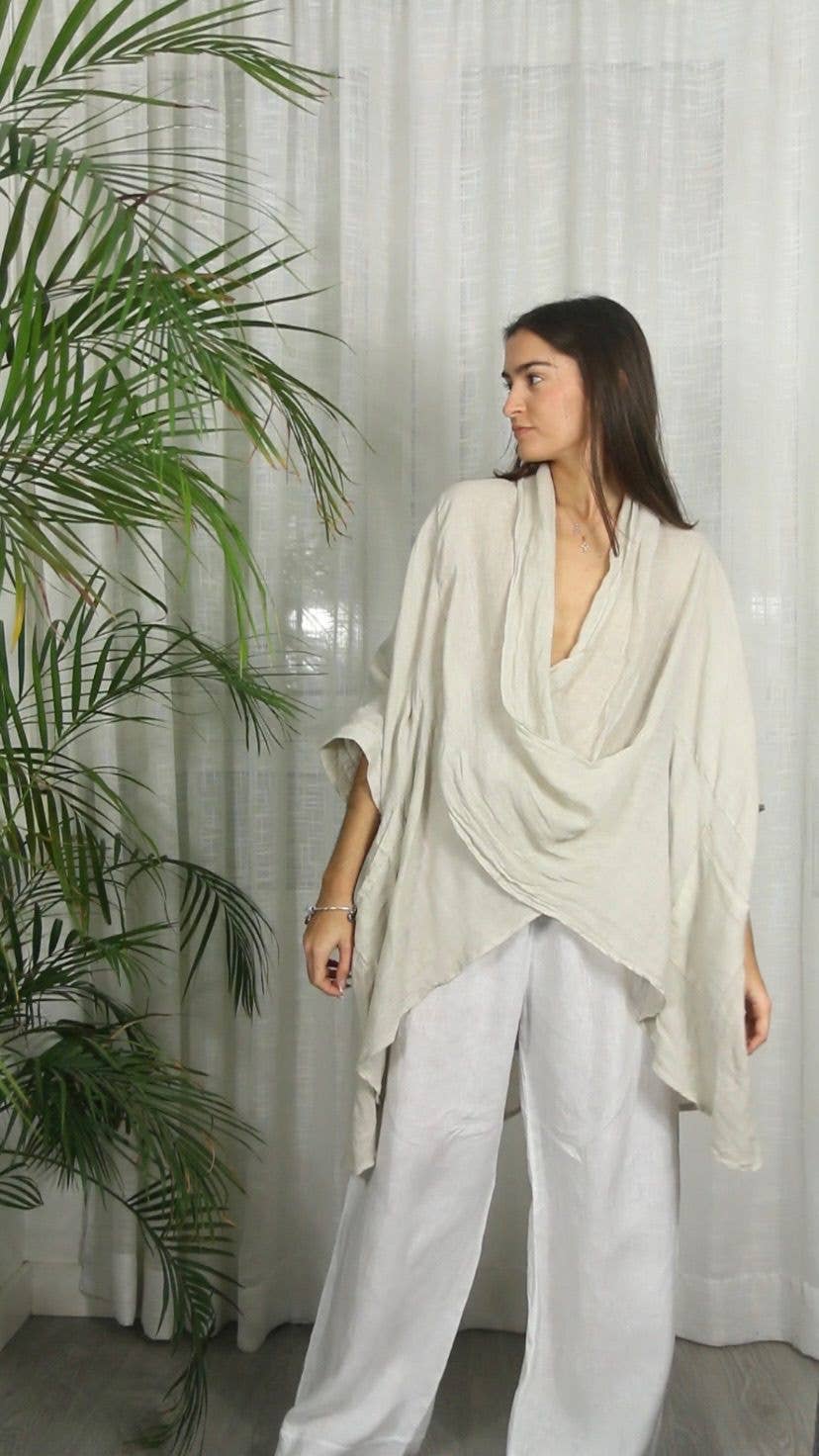 Linen Drape Wrap Top in Bark Brown