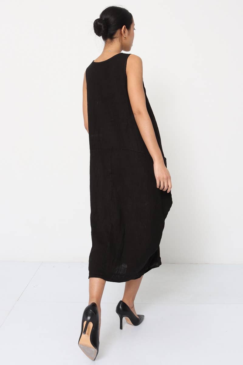 Linen Sleeveless Maxi Cocoon Dress with Pockets in Black