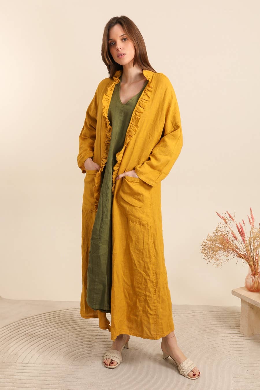Long Linen Ruffle Hem Jacket in Cornflower