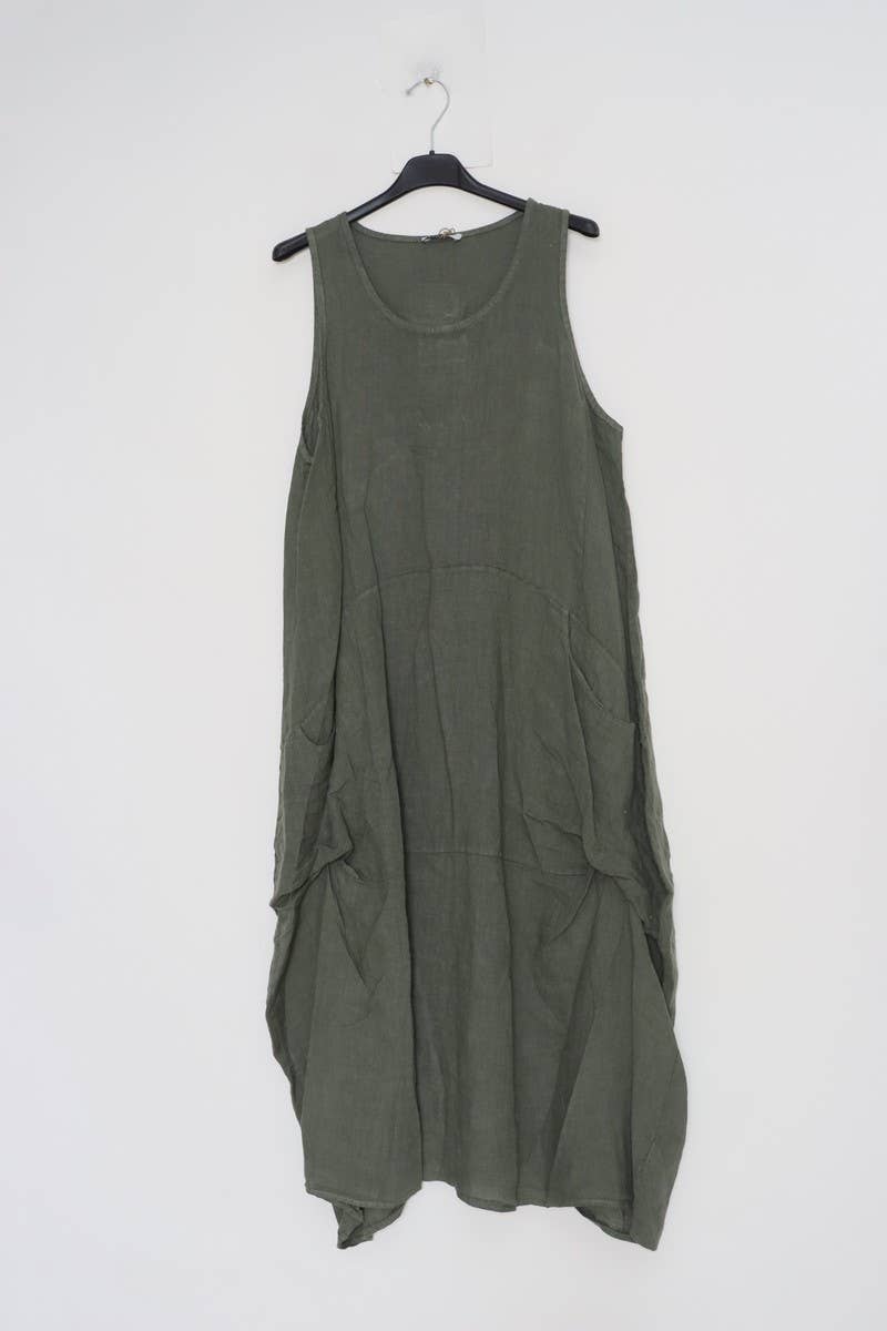 Linen Sleeveless Maxi Cocoon Dress with Pockets in Lichen