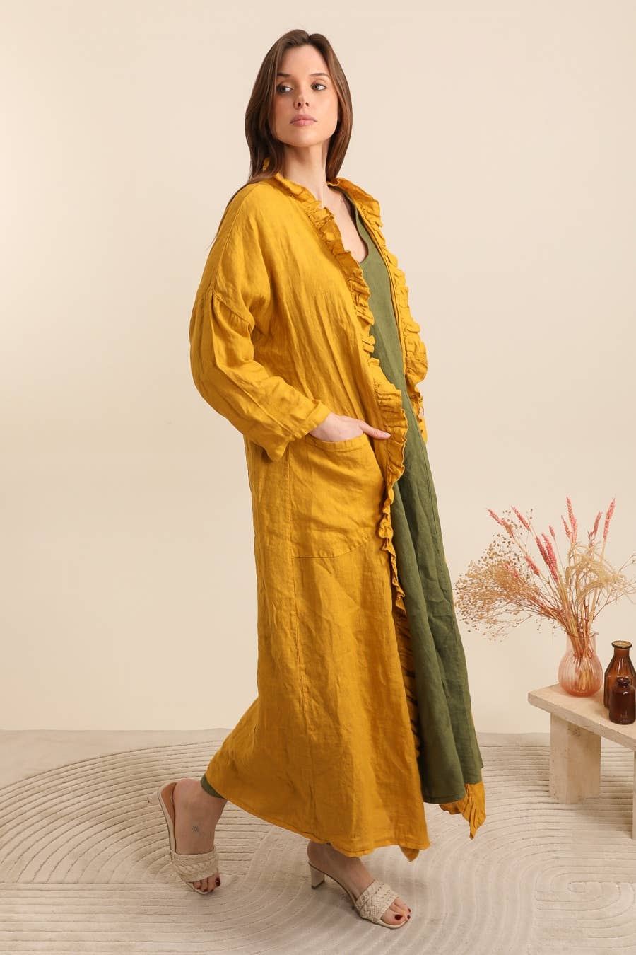 Long Linen Ruffle Hem Jacket in Cornflower