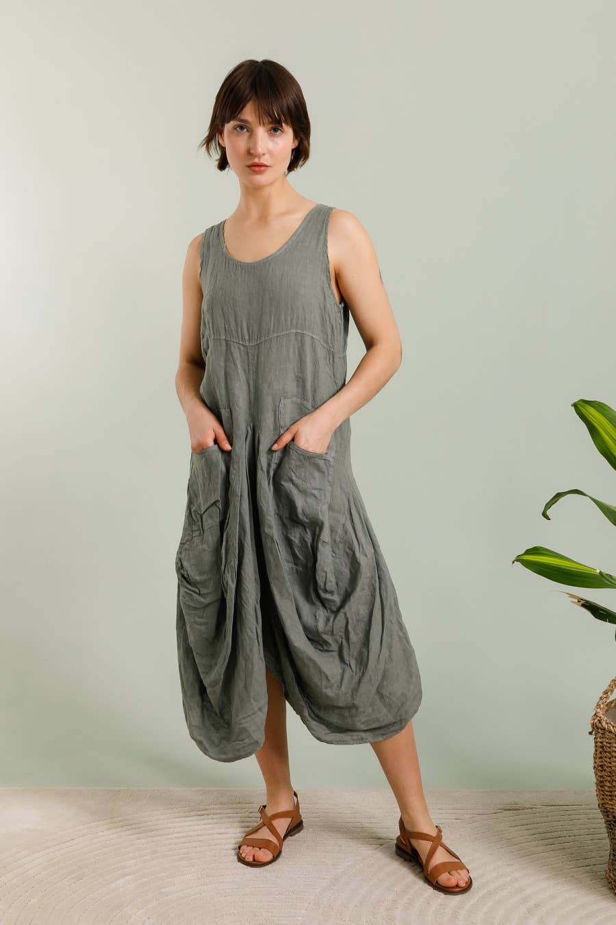 Linen Sleeveless Midi Dress in Lichen
