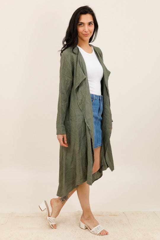 Long Linen Waterfall Jacket in Mole Taupe