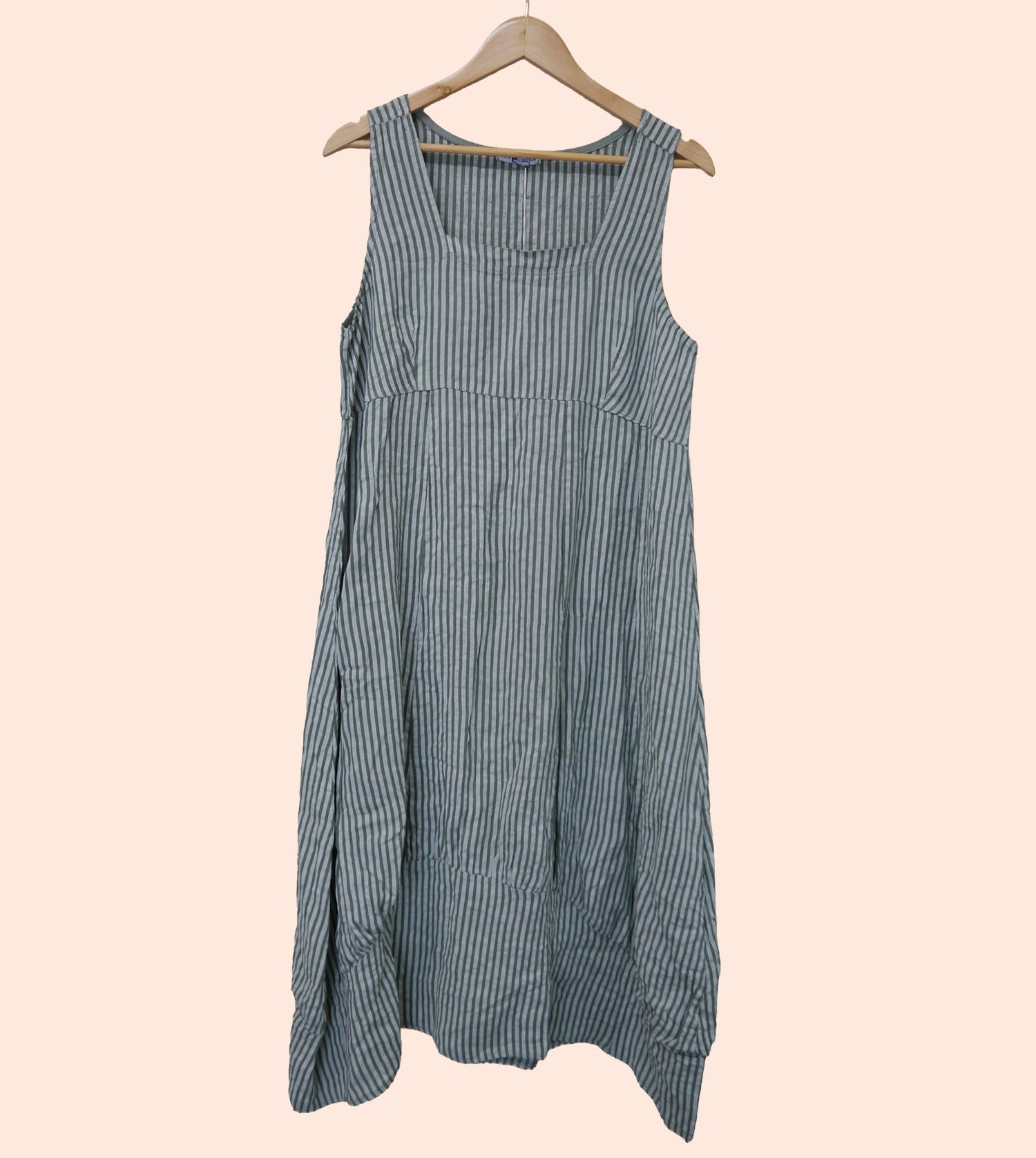 Sleeveless Striped Linen Midi Dress in Khaki Green