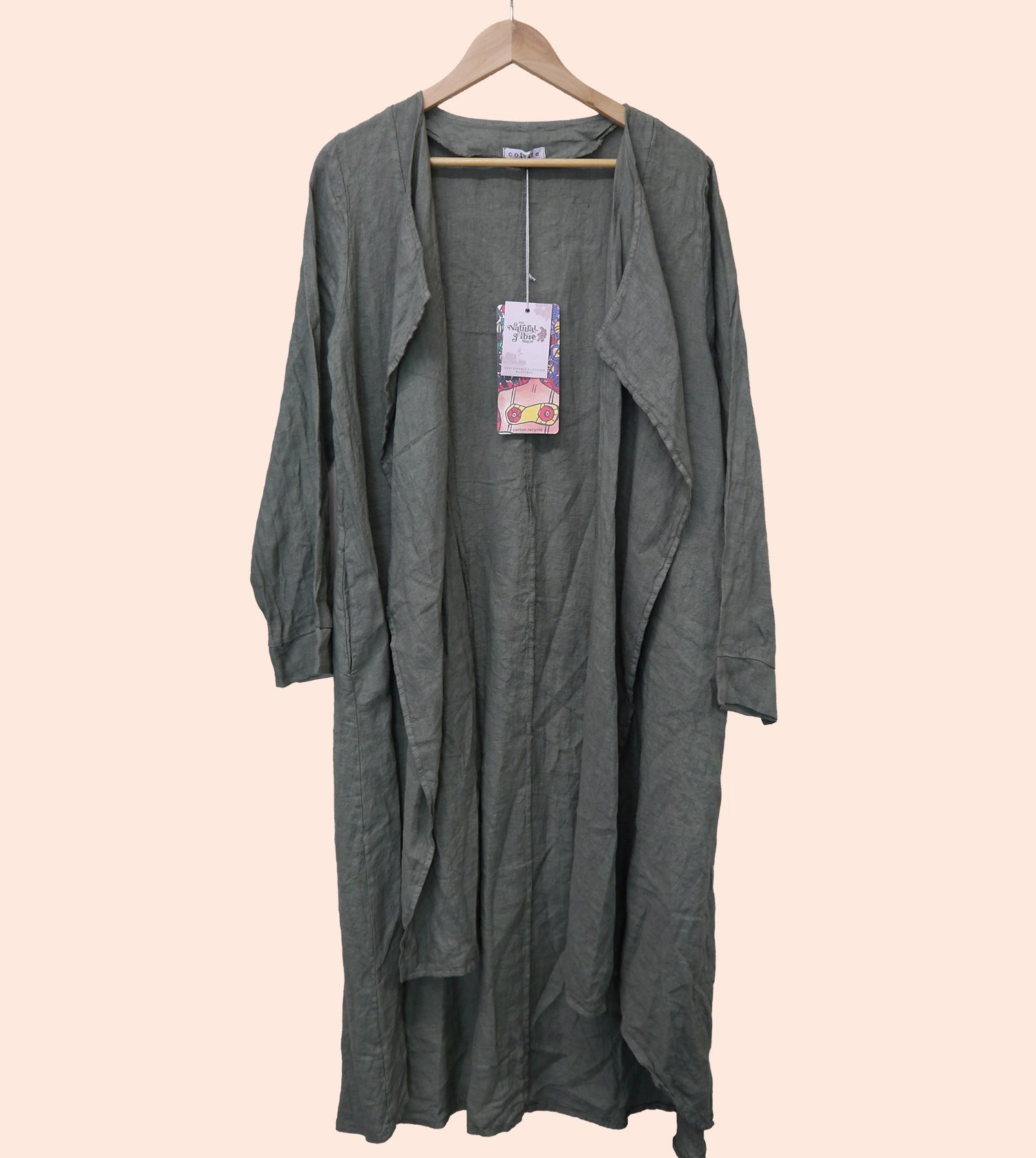 Long Linen Waterfall Jacket in Lichen Green