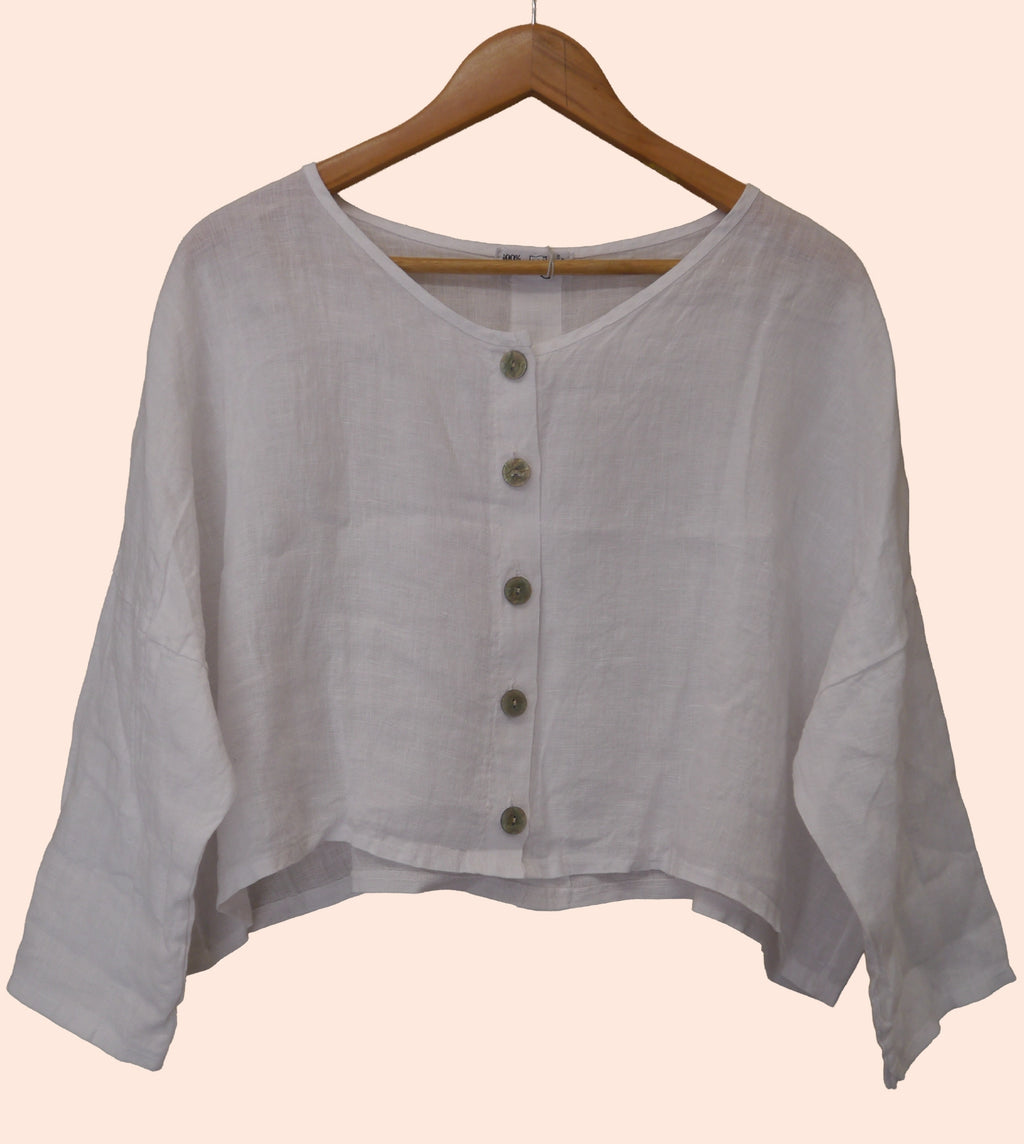 3/4 Sleeve Linen button up Top in White