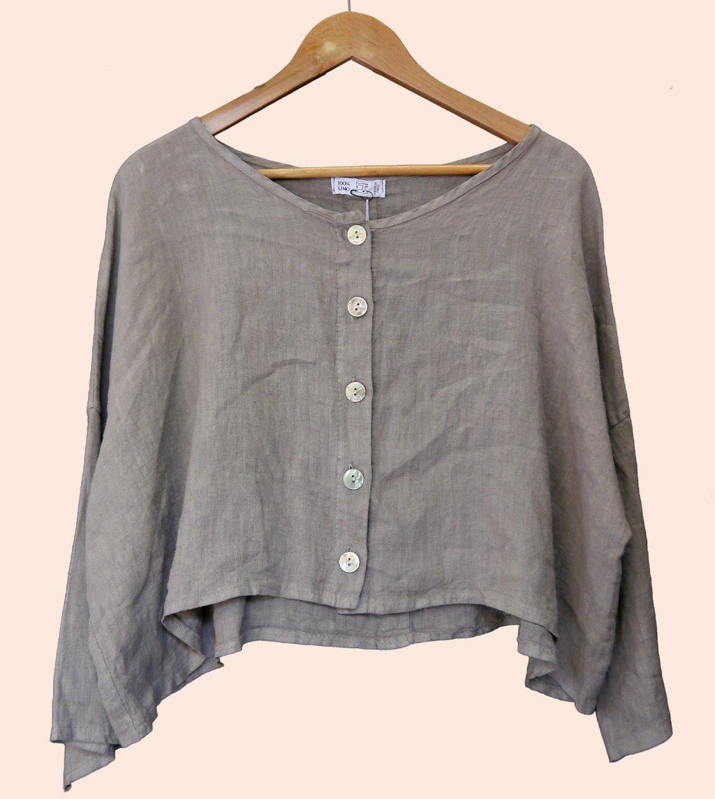 3/4 Sleeve Linen button up Top in Mole Taupe