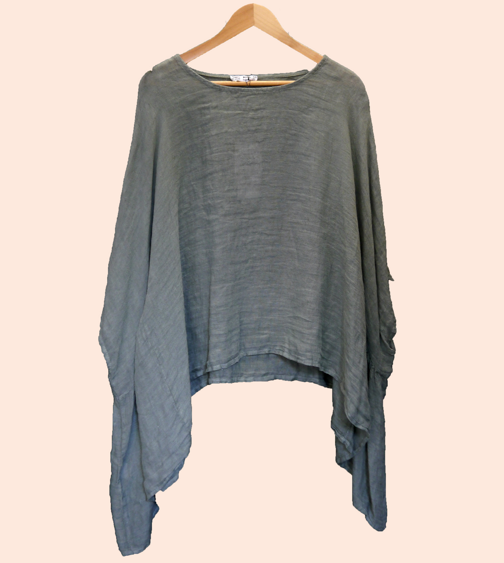 3/4 Sleeve Linen Batwing Oversized Drape Top in Lichen Khaki Green