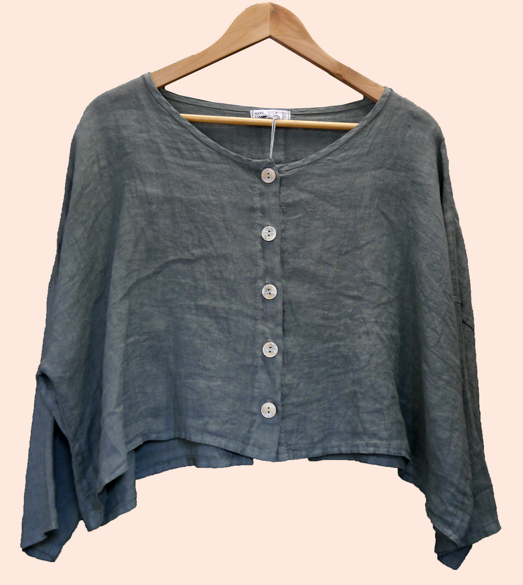 3/4 Sleeve Linen button up Top in Lichen Khaki Green