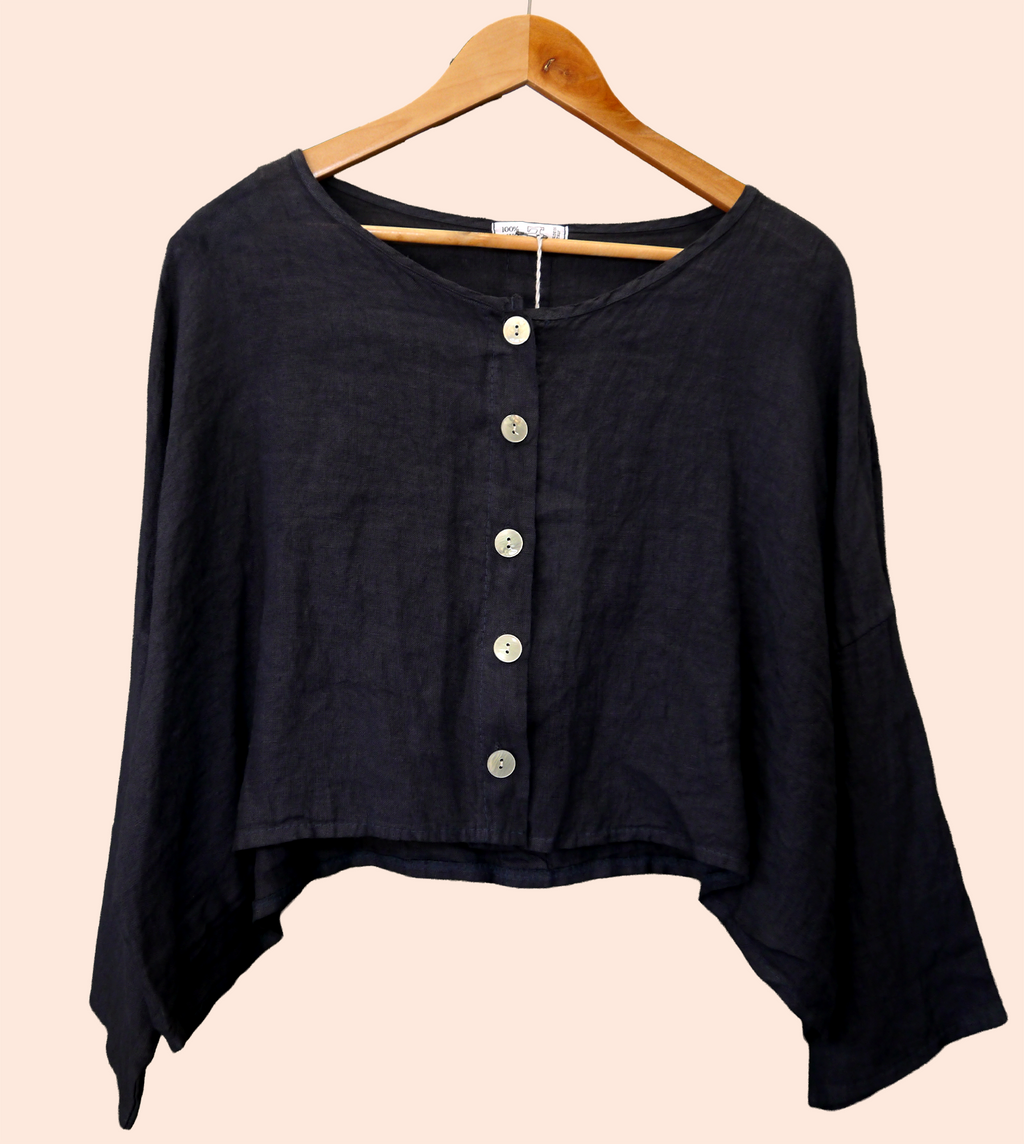 3/4 Sleeve Linen button up Top in Midnight Navy