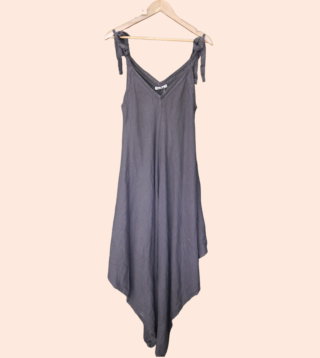 Linen Sleeveless V Neck Draped Dungarees in Soot Grey