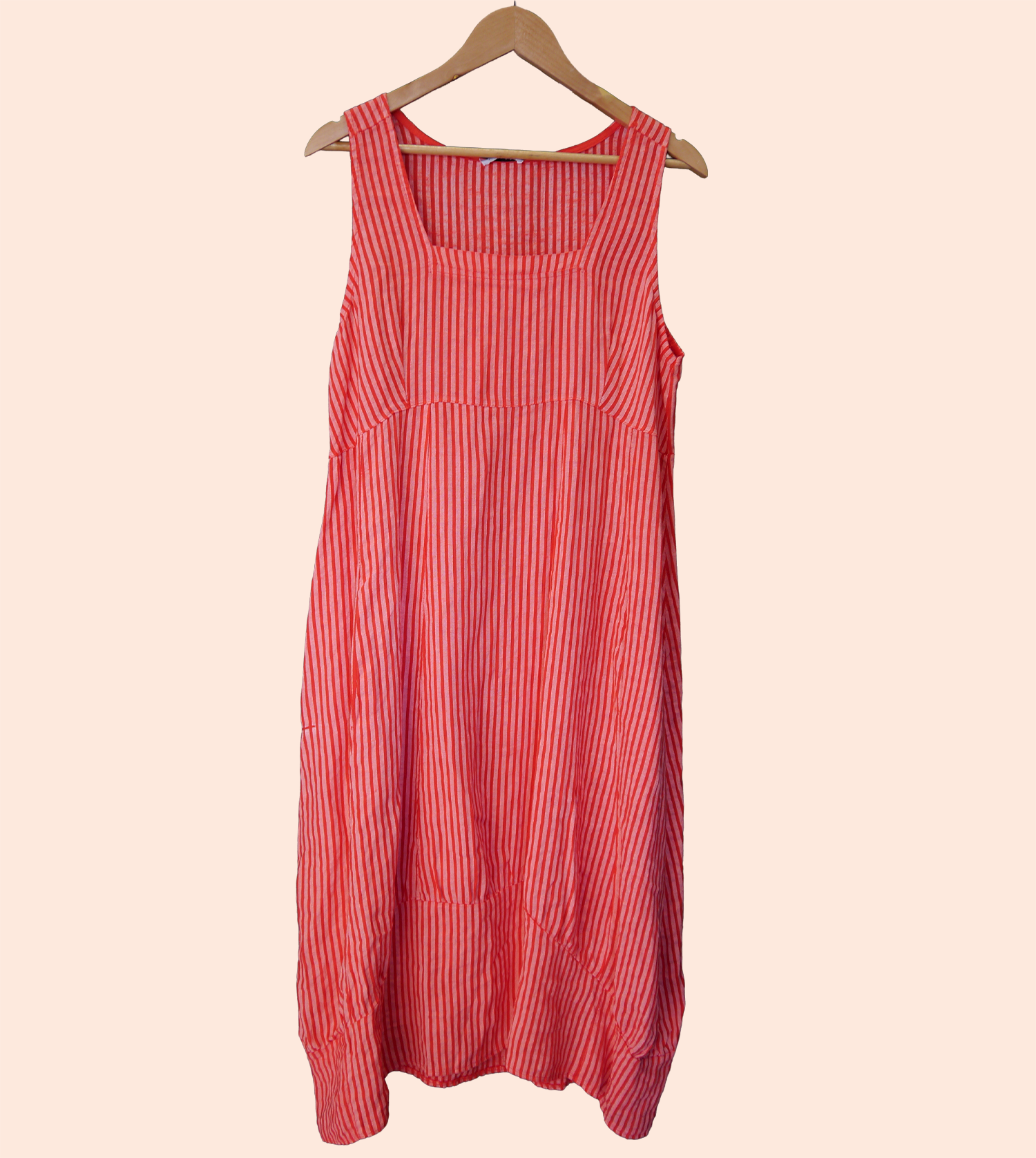 Sleeveless Striped Linen Midi Dress in Coral Pink