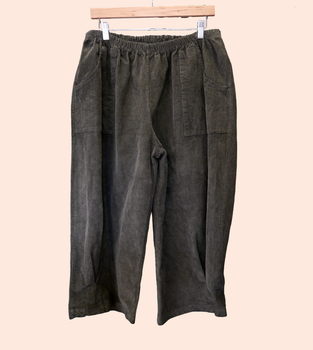 Cotton Corduroy Cocoon Trouser in Lichen Khaki Green